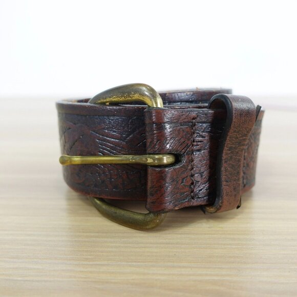 VINTAGE Wrangler Belt Men 42 Brown Leather Western Rustic Embossed Tooled Retro - Picture 1 of 15